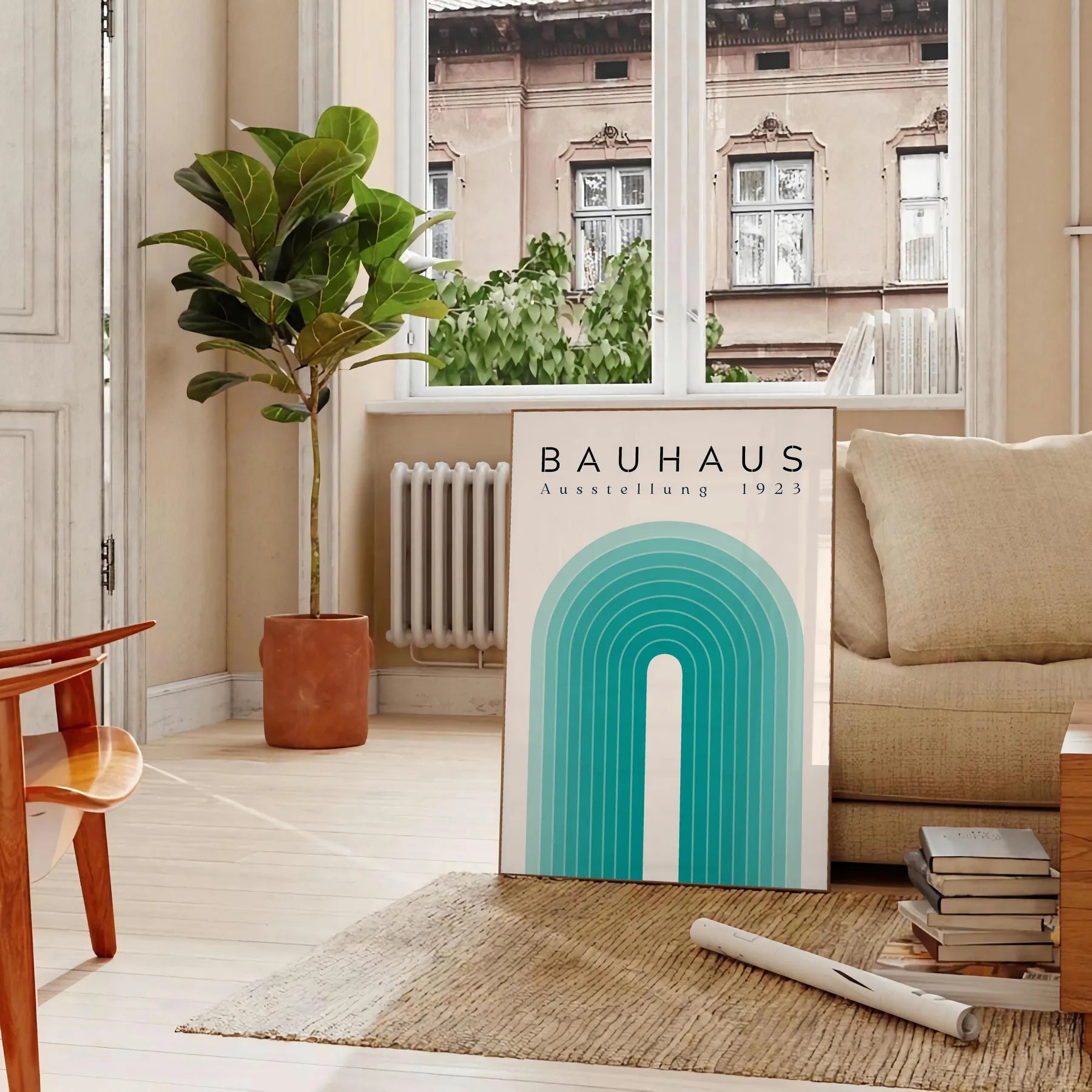 space vintage Bauhaus poster abstract art green blue hues gift own wall collection print timeless elegance room sizes A4