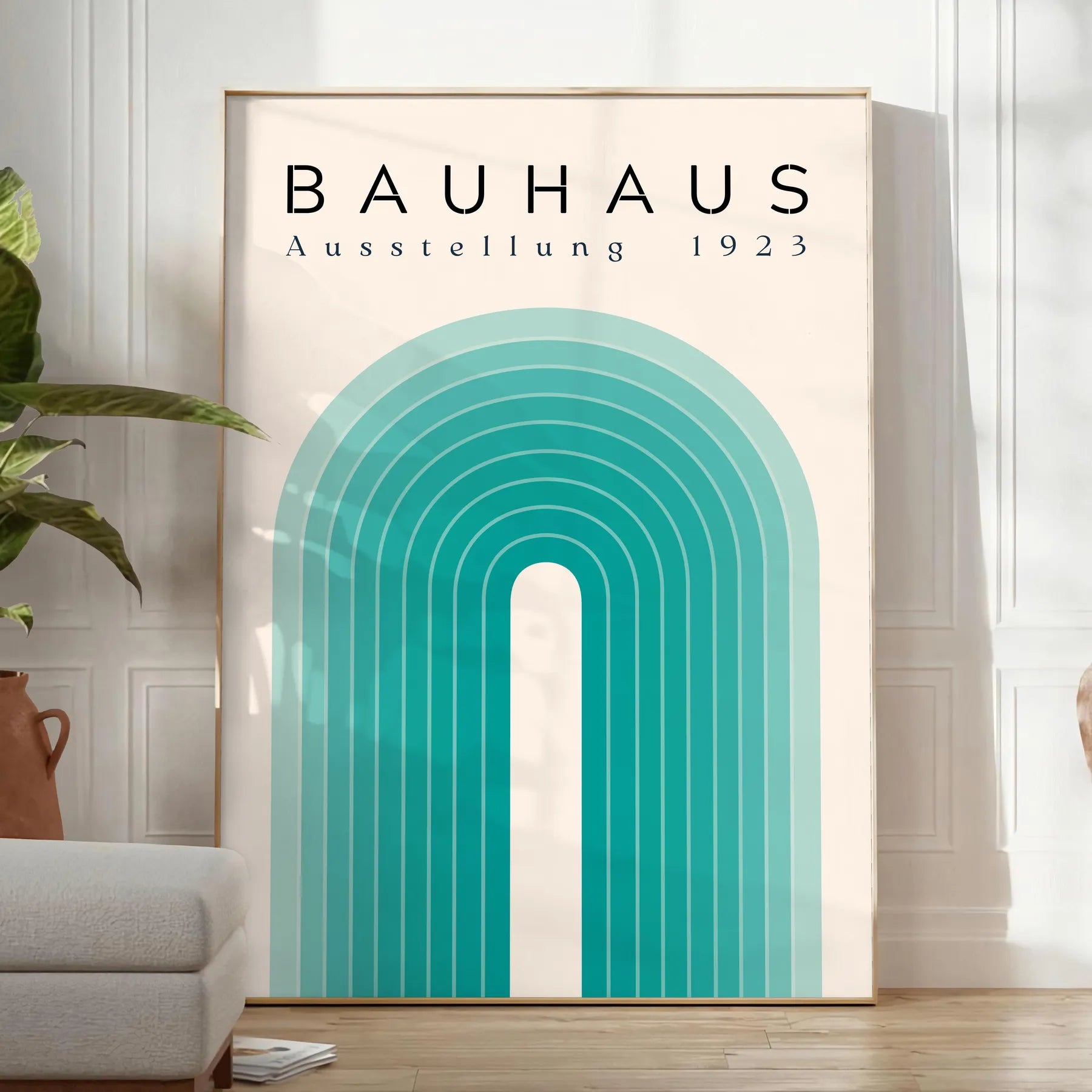 space vintage Bauhaus poster abstract art green blue hues gift own wall collection print timeless elegance room sizes A4