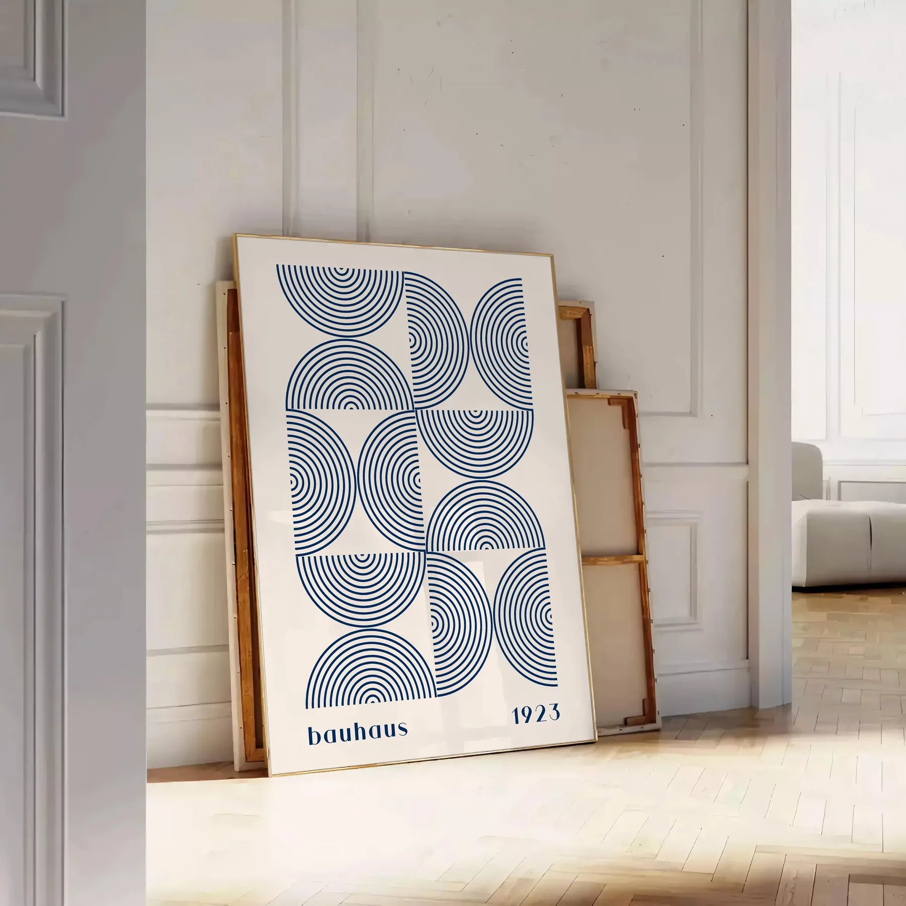 space Bauhaus wall art poster abstract designs elegant gray blue hues captivating print perfect gift lovers modern decor enthusiasts sizes A4 cm A0