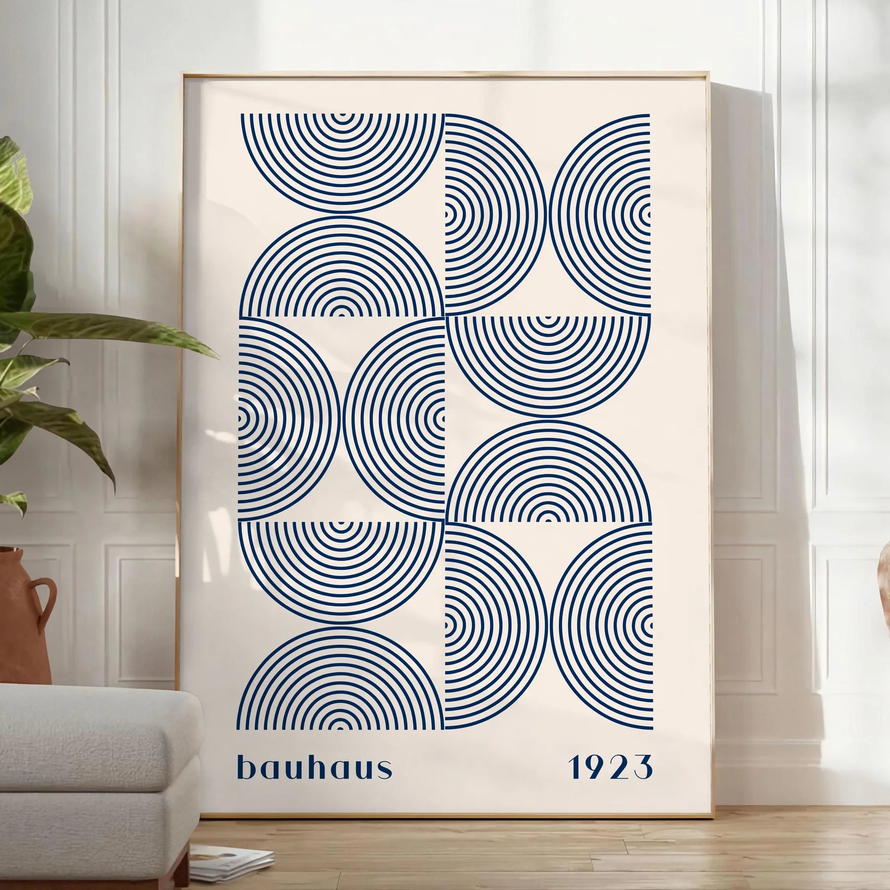 space Bauhaus wall art poster abstract designs elegant gray blue hues captivating print perfect gift lovers modern decor enthusiasts sizes A4 cm A0