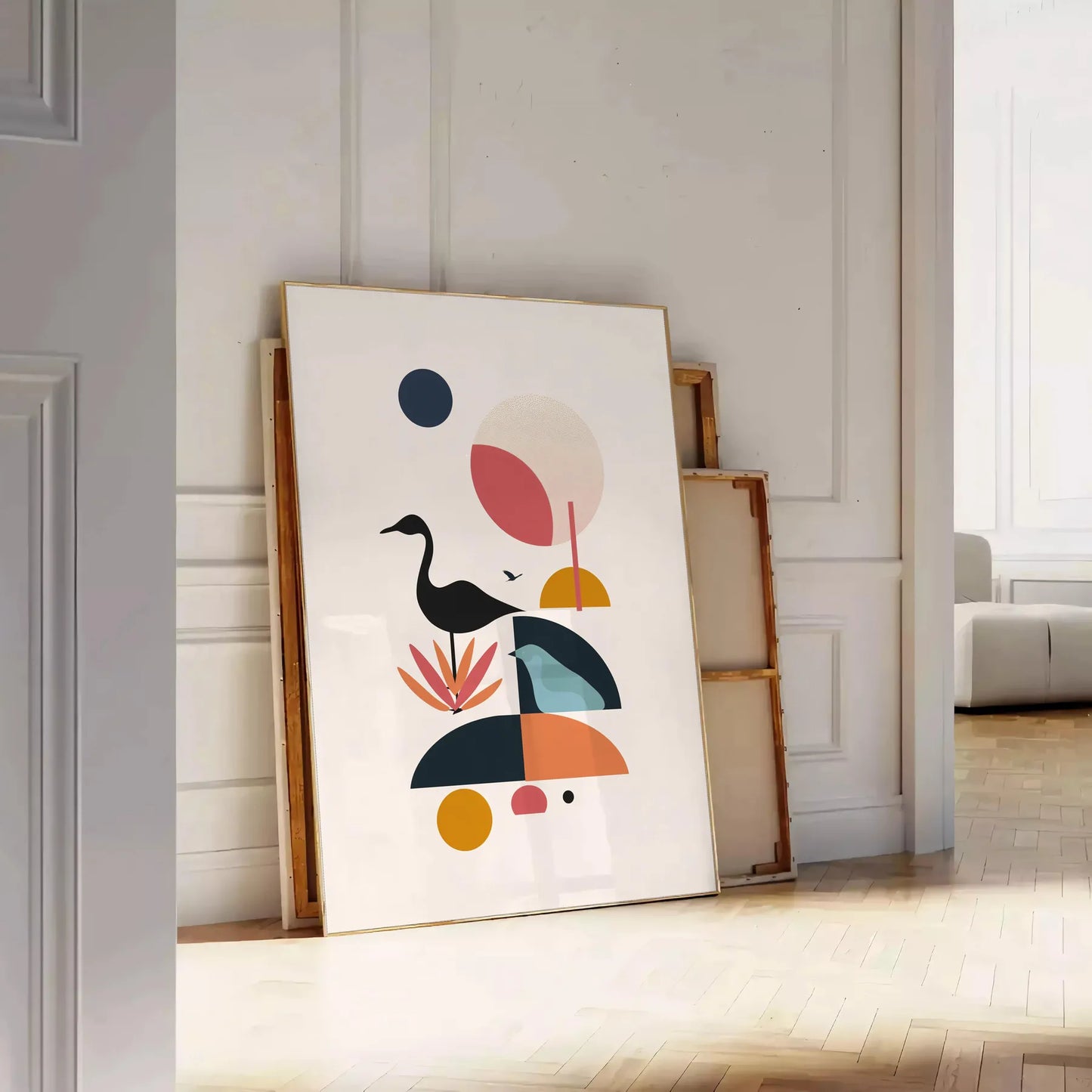 space captivating geometric minimal art poster black orange hues wall thoughtful gift stylish print available popular dimensions A4 cm A0 room bold modern design