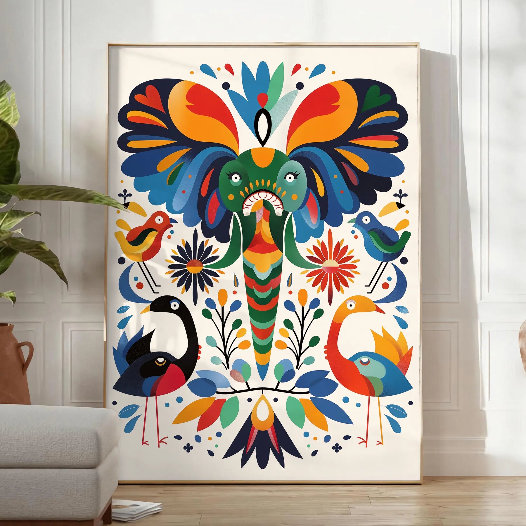 space geometric minimal art poster vibrant orange blue hues unique wall thoughtful gift sizes A4 cm A0 decor stunning artwork today